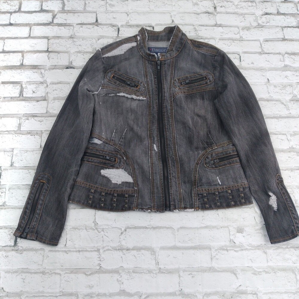 Baccini Jacket Womens Medium Blue Distressed Studded Destroyed Denim Motorcycle